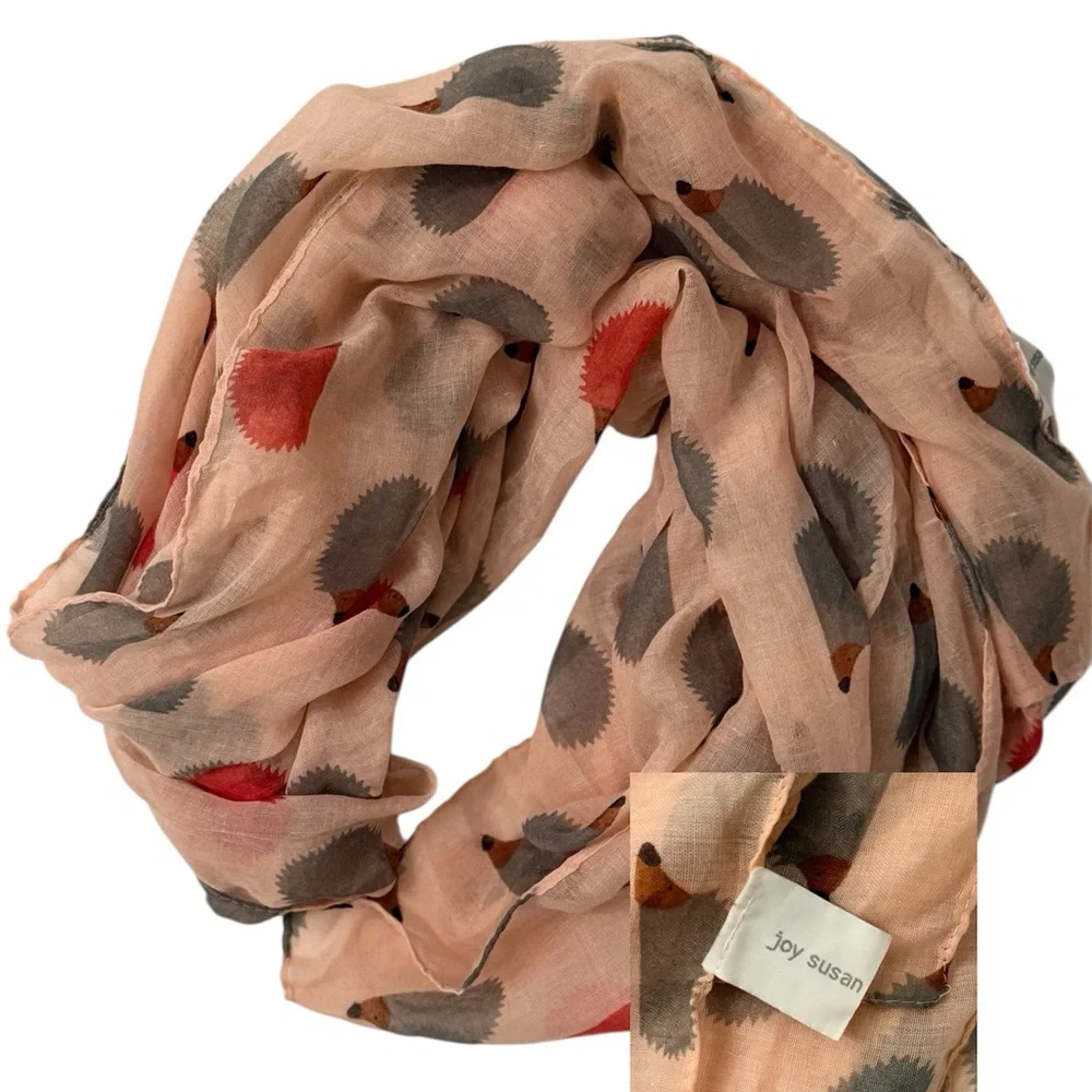 Joy Susan Scarf Blush pink with multicolor hedgehog print - Picture 1 of 4